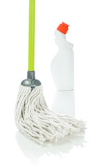 section of cleaning mop with bottle of cleaner