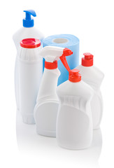 set of fhite bottles and towel