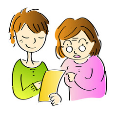 Boy and grandmother look at the paper