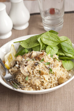 Spinach, mushroom and lemon pilaf in a bowl