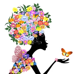 Poster bloemenmeisje in profiel met een vlinder © Aloksa
