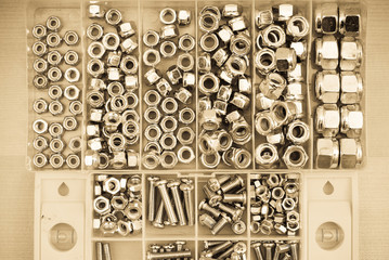 Various Bolts and Fasteners in Sepia (Background Image)