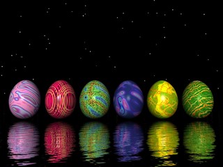 Easter colored eggs upon water by night