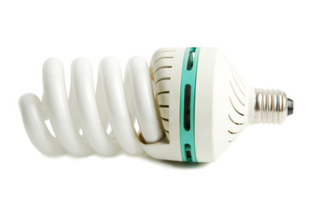Energy saving fluorescent light bulb on white background