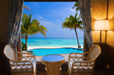 Hotel room and tropical landscape