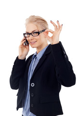 business woman with phone and thumbs up gesture