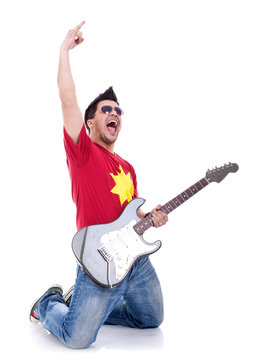 Attractive musician playing guitar