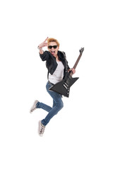 rockstar screaming and jumping with electric guitar