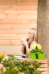 Garden woman patio enjoy rest cup coffee