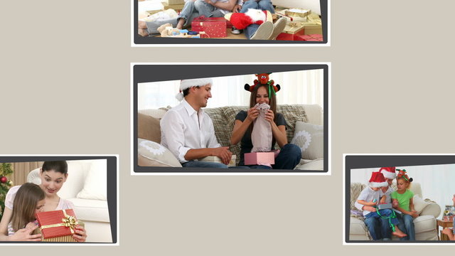 Montage of families opening their presents