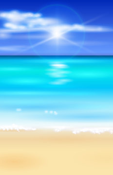 ocean, blue sky, fluffy clouds, white sand