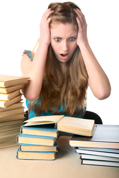 The girl scaredly take hands a head