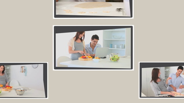 Montage of a pregnant woman cooking with her husband