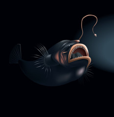 Deep water angler, scary sea devil, vector illustration