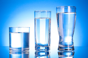 Three Glasses of water on blue background