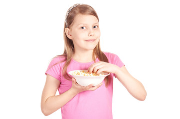 Portrait of a little girl with popcorn on white