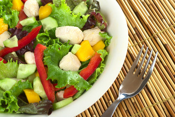 Chicken salad with lettuce, mango, bell pepper and cucumber