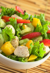 Chicken salad with lettuce, mango, bell pepper and cucumber