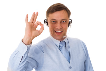 young businessman with headset talking