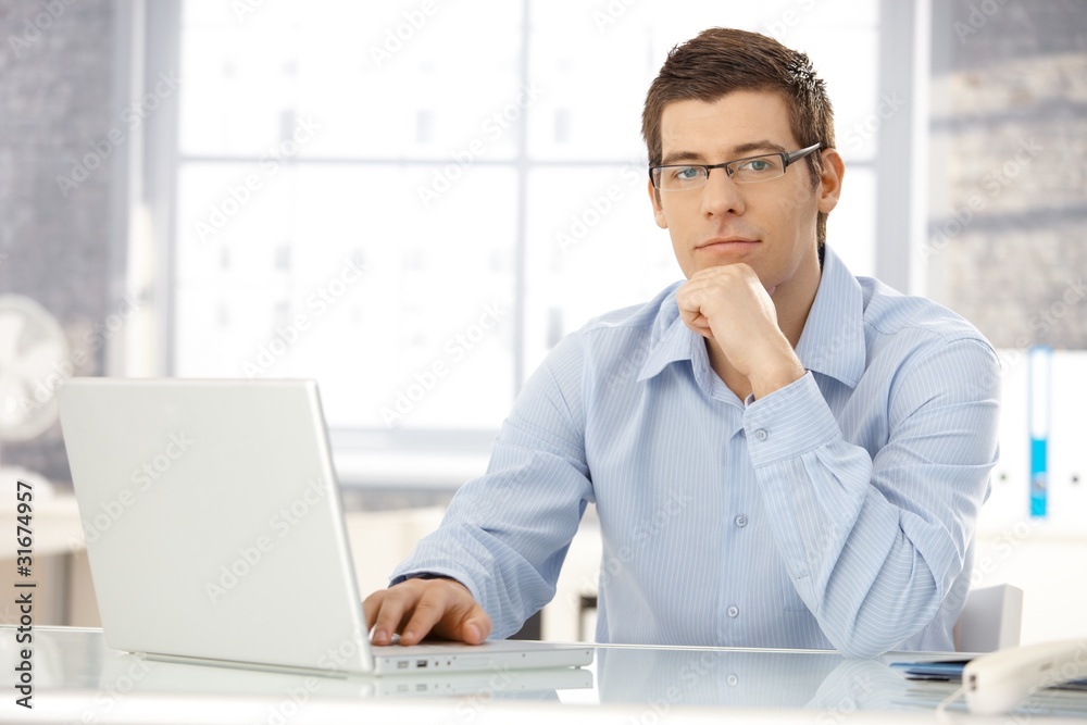 Wall mural portrait of office worker with laptop