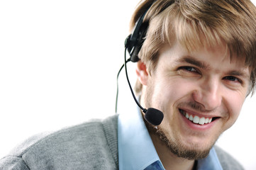 Attractive blond support person, male, smiling
