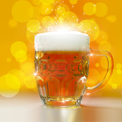 Beer glass with froth over yellow background