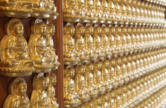 perspective of thousand buddha wall in dragon temple Thailand