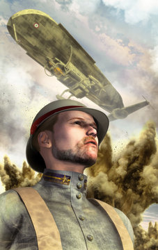 steampunk war airship and soldier