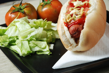close up di hotdog con insalata,pomodori e tovagliolino