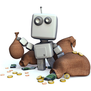 Gray Robot With Money Bags