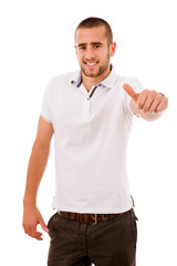 Smiling young man portrait, isolated on white. (focus on the hea