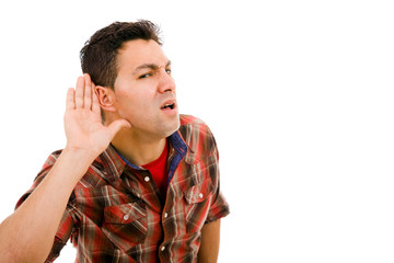 young man with open hand, hearing something