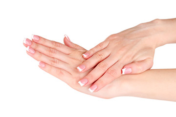 Fototapeta premium Beautiful woman hands with french manicure isolated on white bac