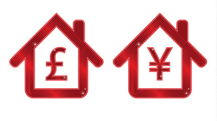 Real estate shiny house with pound and yen currency