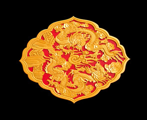 golden dragon decorated on red wood in chinese temple,Isolate on