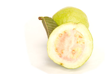 Pink Guava and leaf on isolated background.