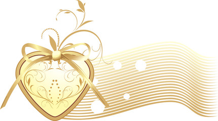 Golden heart with bow. Decorative banner. Vector
