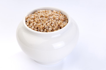 pot of boiled buckwheat close-up