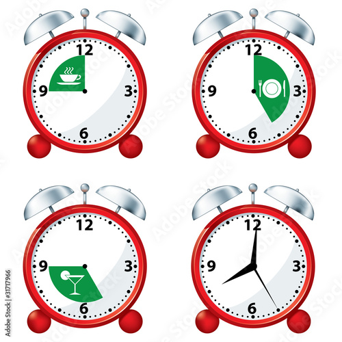 "Alarm Clocks with Breakfast, Lunch and Dinner Times" Stock image and