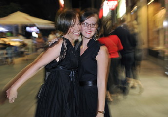 happy young woman lady have fun and party at city nightlife