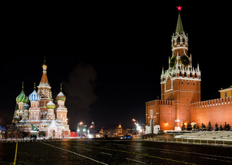 Night view of Moscow Red Square, St Basil Temple and Spasskaya T