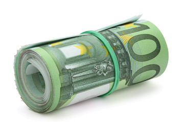 Roll of one hundred euro banknotes.