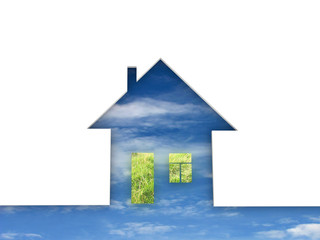 Eco house metaphor. House with grass and sky.