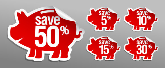 Discount labels in form of piggy bank.