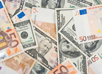 Dollars and euro banknotes for background