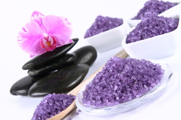 Obraz na płótnie Canvas Lavender spa salt, spa stones and an orchid flower