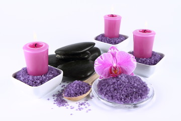 Obraz na płótnie Canvas Lavender spa salt, spa stones, candles and an orchid flower
