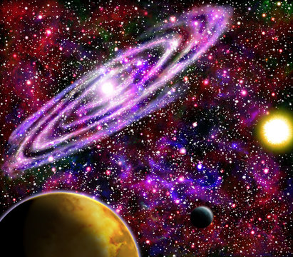 Bright star with planets on a background of spiral  galaxies