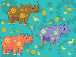 Happy cartoon rhinos and birds