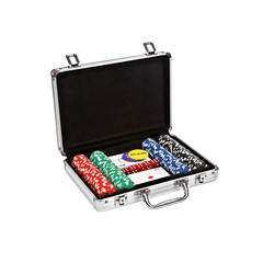 set for poker in suitcase on white background